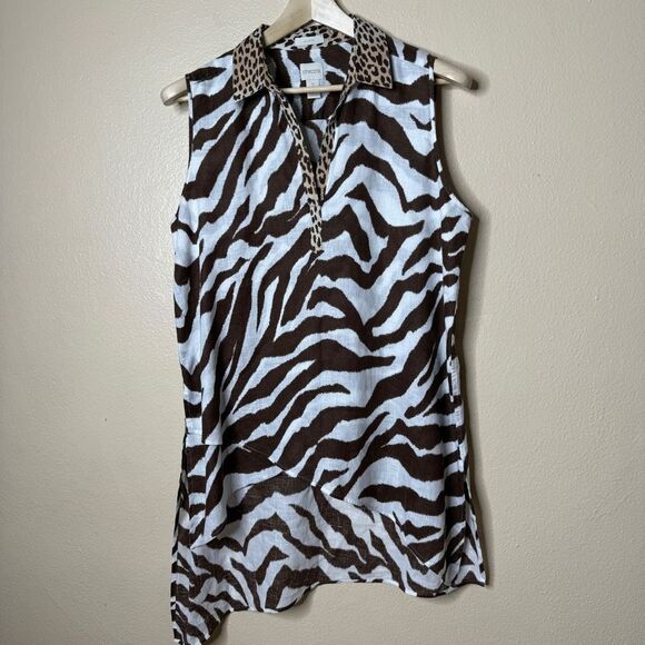 Chico's Shirt Women's Large 100% Linen No Iron Sleeveless Top Tunic Animal Print - Picture 1 of 12